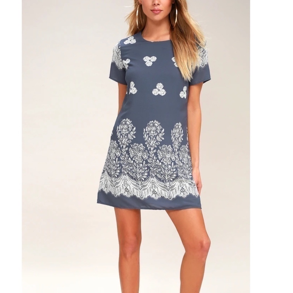 Lulus Riverside State Blue Floral Print Shift Dress Short Sleeve Mini Length - Picture 16 of 16